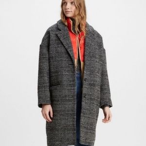 NWT Levi’s Cocoon Coat Gray Black Caviar Wool Plaid Houndstooth Long Cla…